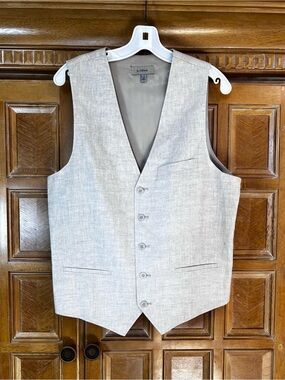 Le Château Men’s Vest Large Beige Linen Blend 5 Button Adjustable Back Formal
